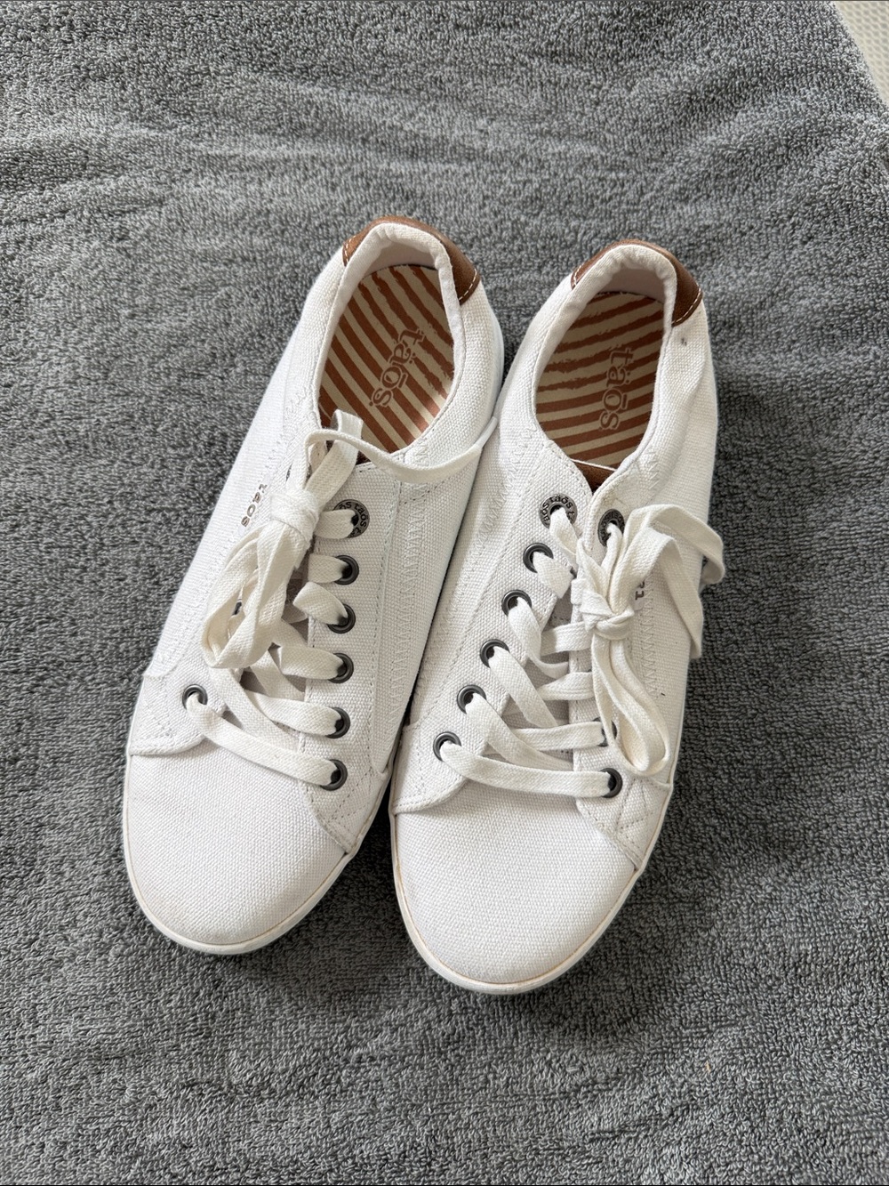 Taos Footwear White Canvas Lace-Up Sneakers with Brown Heel Accent